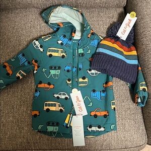 Baby Boys' Vehicle Printed Softshell Jacket - Cat & Jack™ Green 18M + hat NWT